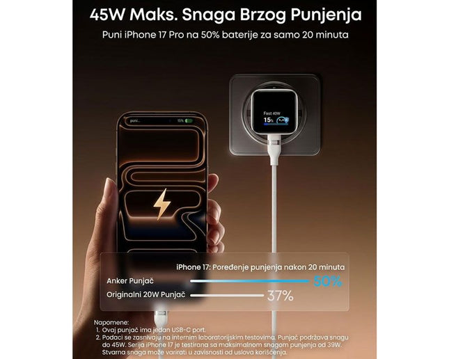 ANKER Nano 45W putni zidni punjač sa ekranom, USB-C port,