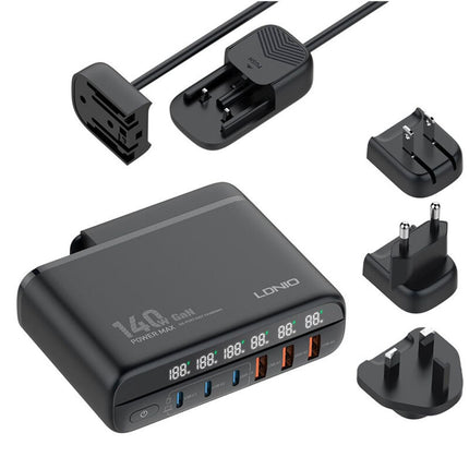 Kucni punjac sa adapterima LDNIO A6140C GaN PPS 3xQC3.0 (30W), 3xPD3.0 (100W), 140W Max, a Type C na Type C kablom crni