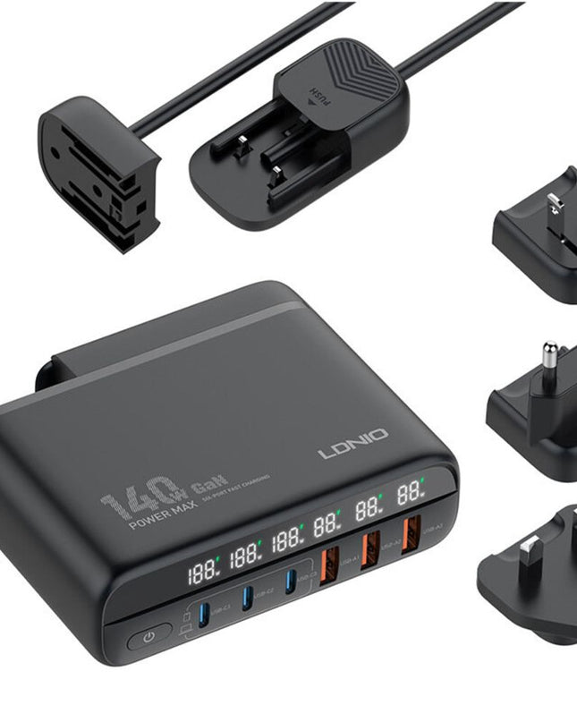 Kucni punjac sa adapterima LDNIO A6140C GaN PPS 3xQC3.0 (30W), 3xPD3.0 (100W), 140W Max, a Type C na Type C kablom crni