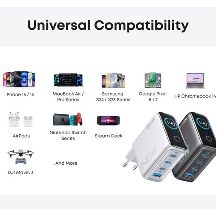 ANKER 140W GaN zidni brzi punjač, 4-porta (3x USB-C, 1x USB-A) sa USB-C M/M pletenim kablom, siva