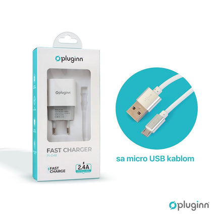 Kucni punjac Pluginn PI-D48, 5V, 2.4A, 12W sa micro USB kablom beli CE