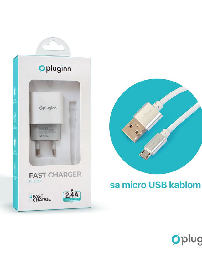 Kucni punjac Pluginn PI-D48, 5V, 2.4A, 12W sa micro USB kablom beli CE