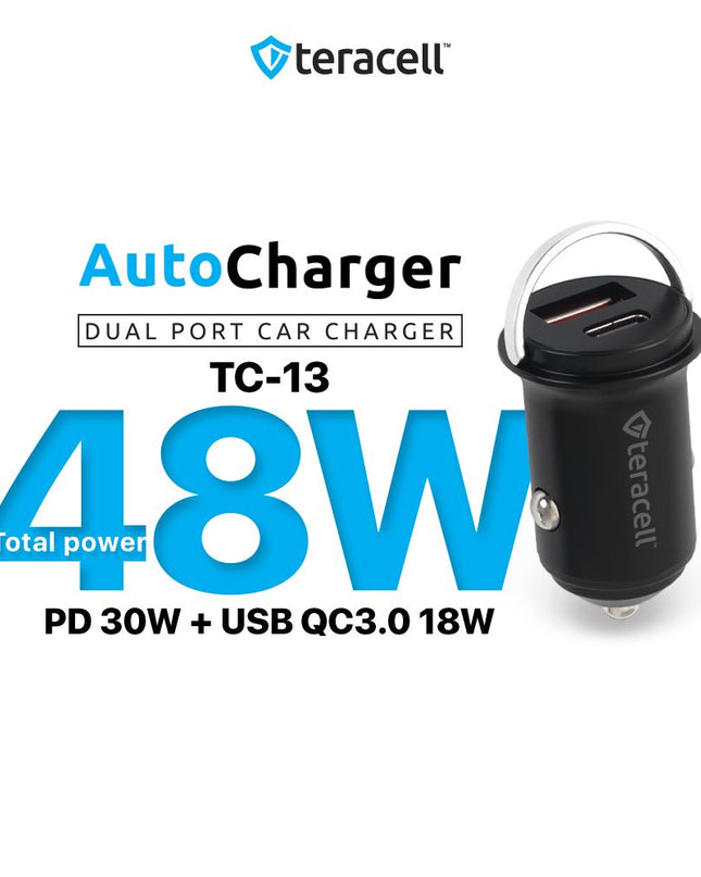 Auto punjac Teracell Evolution TC-13 PD 30W + USB QC3.0 18W, 48W (total) sa Type C kablom crni