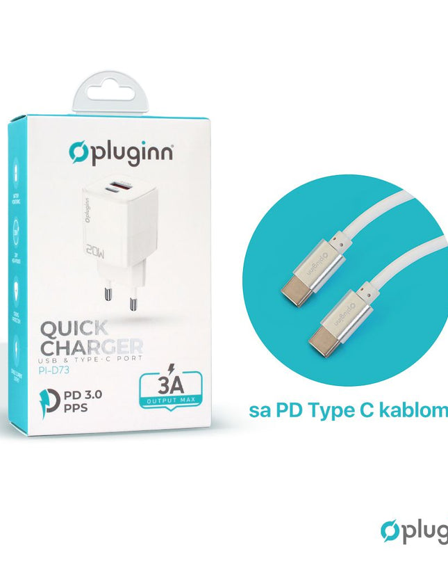 Kucni punjac Pluginn PI-D73, QC3.0 PD3.0, PPS, USB-PD 18W+20W, 38W (total) sa PD Type C kablom beli CE