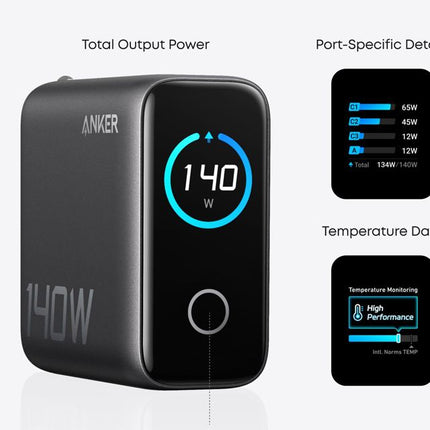 ANKER 140W GaN zidni brzi punjač, 4-porta (3x USB-C, 1x USB-A) sa USB-C M/M pletenim kablom, siva