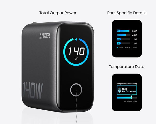 ANKER 140W GaN zidni brzi punjač, 4-porta (3x USB-C, 1x USB-A) sa USB-C M/M pletenim kablom, siva