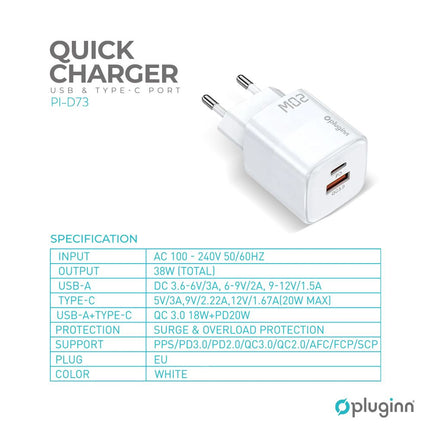 Kucni punjac Pluginn PI-D73, QC3.0 PD3.0, PPS, USB-PD 18W+20W, 38W (total) beli CE
