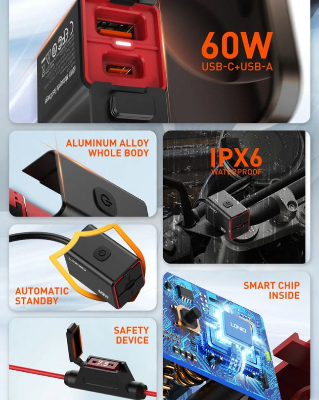 Punjac za motor LDNIO C108 QC 30W, PD 30W total power 60W crni