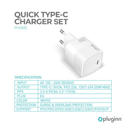 Kucni punjac Pluginn PI-D61S, PD3.0, PPS, 20W sa PD Type C kablom beli CE