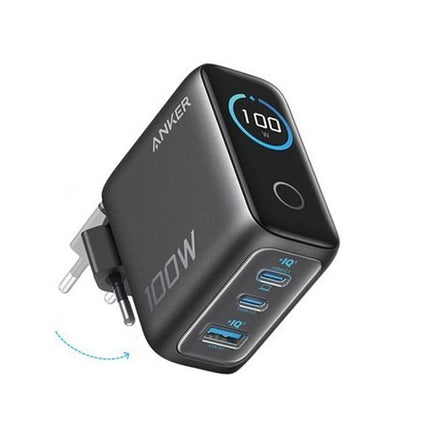 ANKER 100W GaN zidni brzi punjač, 3-porta (2x USB-C i 1x USB-A) sa USB-C M/M pletenim kablom, siva