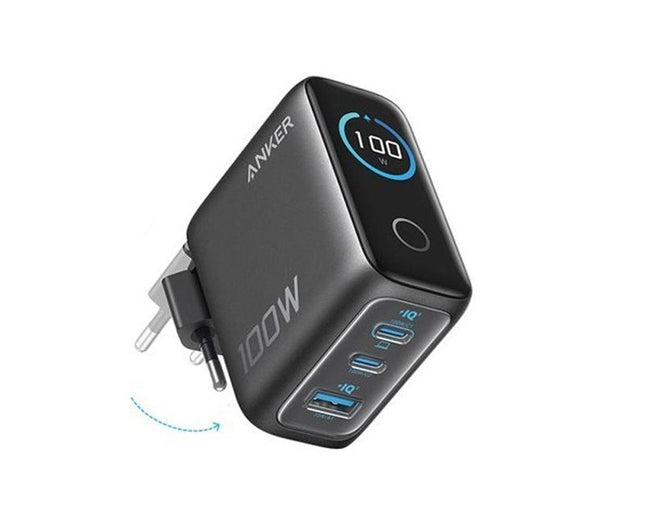 ANKER 100W GaN zidni brzi punjač, 3-porta (2x USB-C i 1x USB-A) sa USB-C M/M pletenim kablom, siva