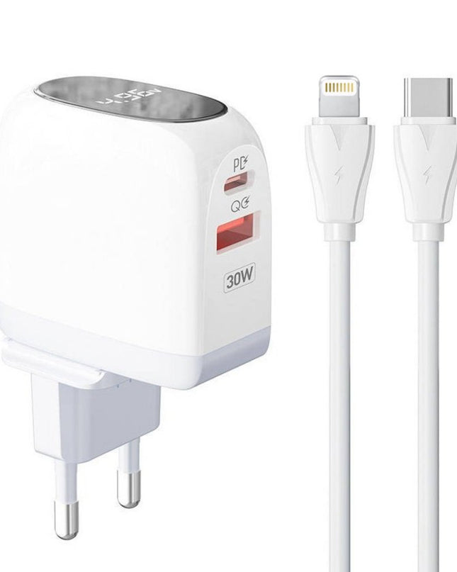 Kucni punjac LDNIO A2522C QC3.0, PD, PPS, LED Display, 30W sa Type C na iPhone lightning kablom beli