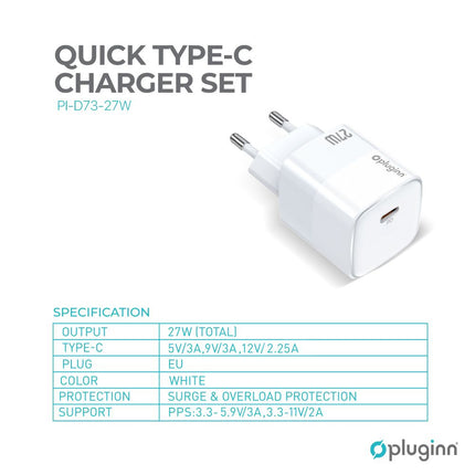 Kucni punjac Pluginn PI-D73-27w, PD 3.0, PPS, 27W sa PD iPhone lightning kablom beli CE