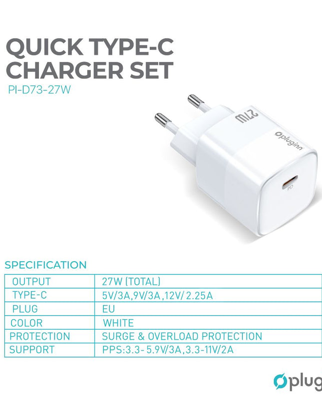 Kucni punjac Pluginn PI-D73-27w, PD 3.0, PPS, 27W sa PD iPhone lightning kablom beli CE