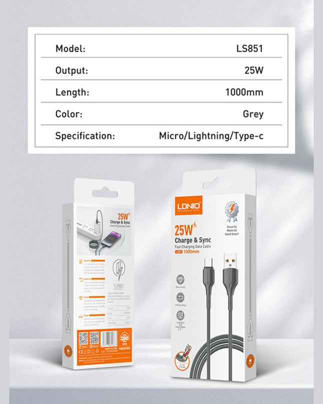 Data kabl LDNIO LS851 25W Fast Type C sivi 1m