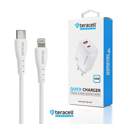 Kucni punjac Teracell Evolution TC-19, GAN, QC, PD Fast charging 45W sa PD iPhone lightning kablom CE bela