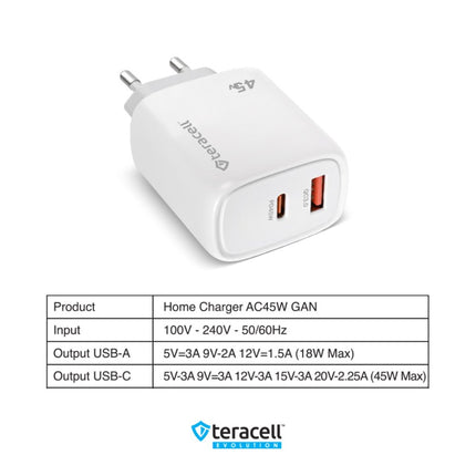 Kucni punjac Teracell Evolution TC-19, GAN, QC, PD Fast charging 45W beli CE