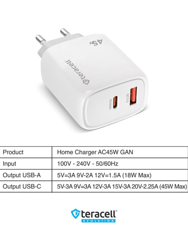 Kucni punjac Teracell Evolution TC-19, GAN, QC, PD Fast charging 45W beli CE