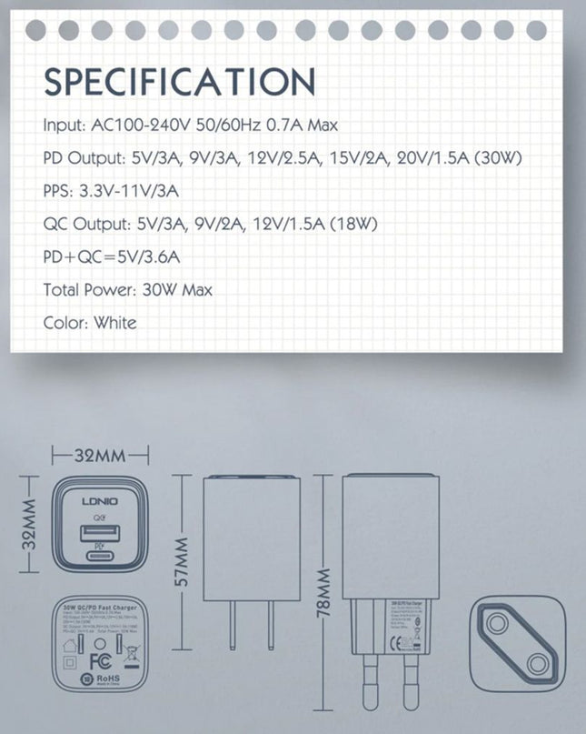 Kucni punjac LDNIO A2317C, 3.6A, QC3.0 18W, PD 30W sa Type C na Iphone lightning kablom beli