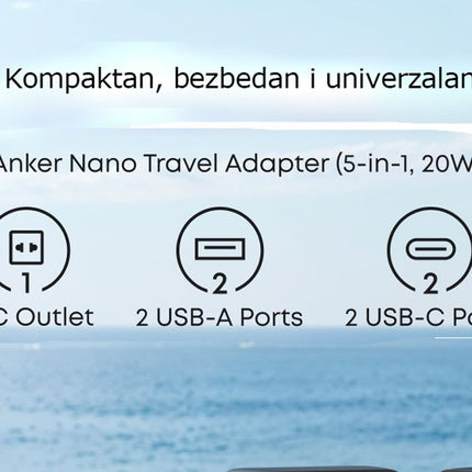 ANKER Nano 20W putni zidni punjač 5-portova (2x USB-A, 2x USB-C, utičnica EU na US, UK, AU i EU),