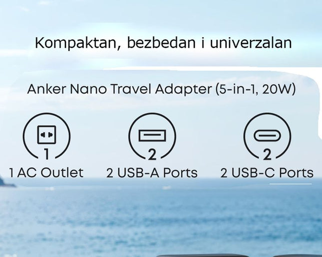 ANKER Nano 20W putni zidni punjač 5-portova (2x USB-A, 2x USB-C, utičnica EU na US, UK, AU i EU),