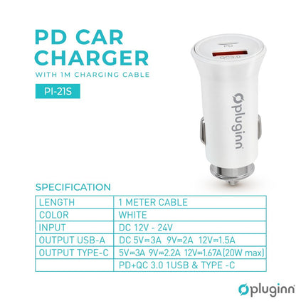 Auto punjac Pluginn PI-21S, PD 20W, QC 3.0 18W, sa lightning kablom beli