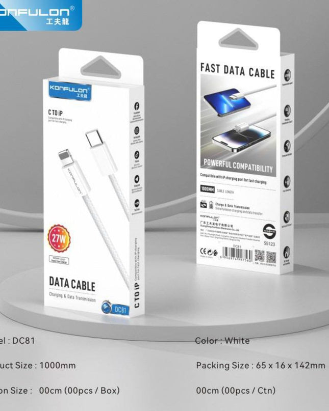 Data kabl KONFULON DC81 27W Type C na iPhone lightning beli 1m