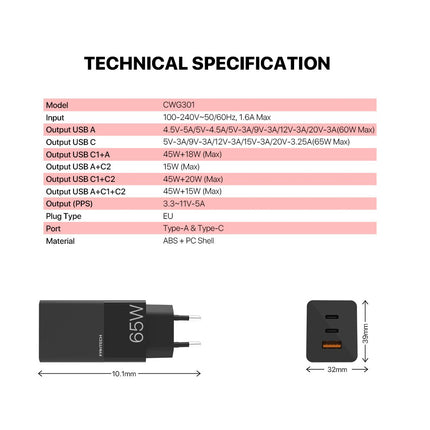 Kucni punjac Fantech CWG301 2xPD + QC 65W crni