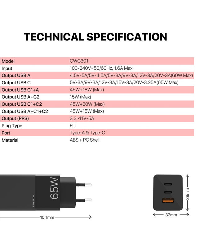 Kucni punjac Fantech CWG301 2xPD + QC 65W crni