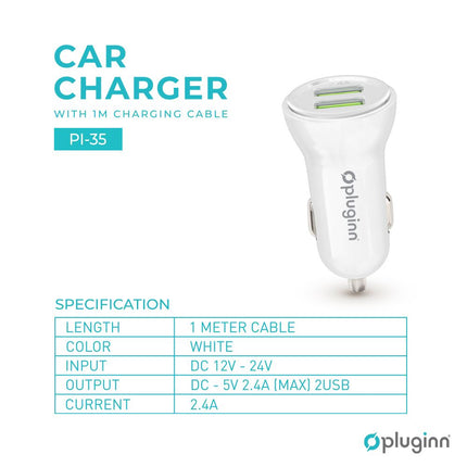 Auto punjac Pluginn PI-35 2xUSB, 2.4A beli