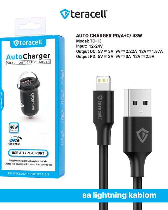Auto punjac Teracell Evolution TC-13 PD 30W + USB QC3.0 18W, 48W (total) sa Lightning kablom crni