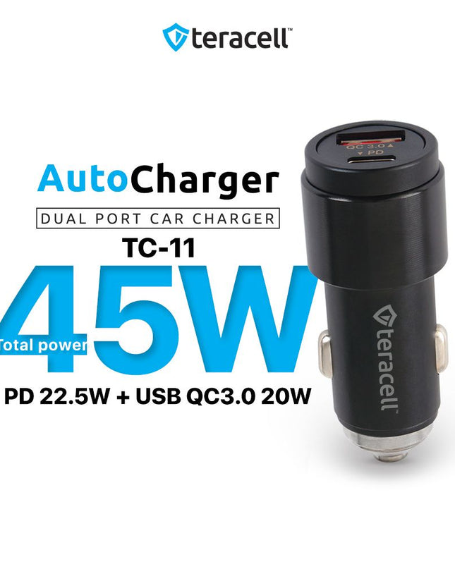 Auto punjac Teracell Evolution TC-11 PD 22.5W + USB QC3.0 20W, 45W (total) sa Lightning kablom crni