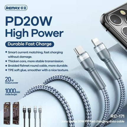 Data kabl REMAX Fast charging 20W PD RC-171 Type C na iPhone lightning srebrni 1m