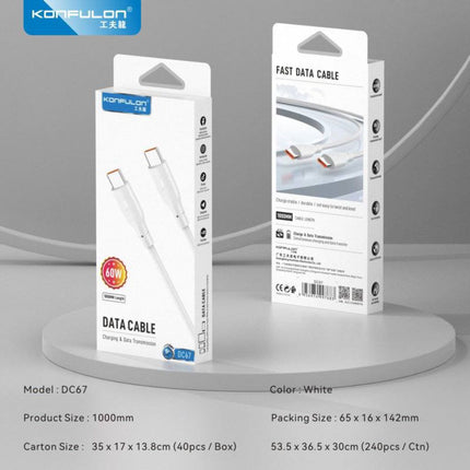 Data kabl KONFULON DC67, 60W, Type C na Type C beli 1m