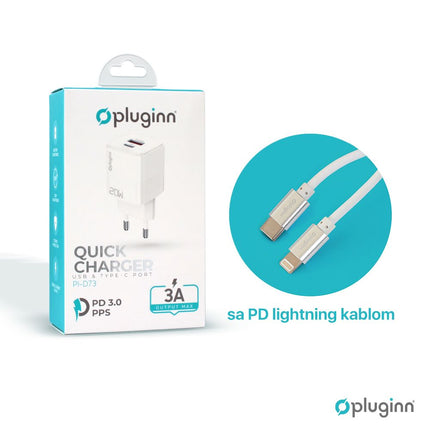 Kucni punjac Pluginn PI-D73, QC3.0 PD3.0, PPS, USB-PD 18W+20W, 38W (total) sa PD iPhone lightning kablom beli CE