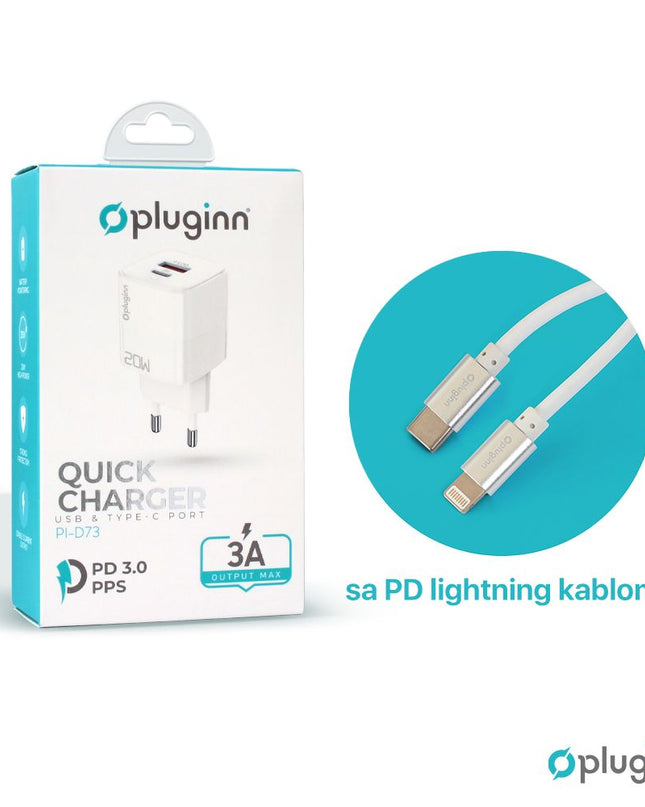 Kucni punjac Pluginn PI-D73, QC3.0 PD3.0, PPS, USB-PD 18W+20W, 38W (total) sa PD iPhone lightning kablom beli CE