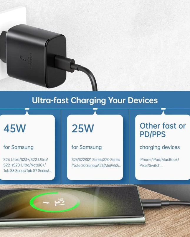 Kucni punjac PD Fast charger 45W redizajn za Samsung sa PD Type C kablom CE crni