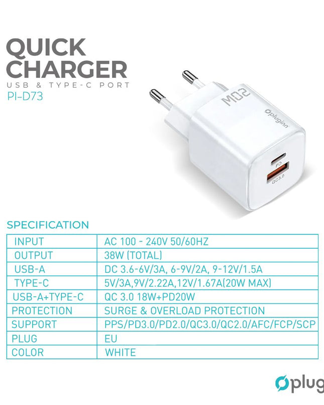 Kucni punjac Pluginn PI-D73, QC3.0 PD3.0, PPS, USB-PD 18W+20W, 38W (total) sa PD iPhone lightning kablom beli CE