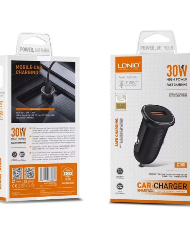 Auto punjac LDNIO C105, QC3.0, 30W USB Type C crni