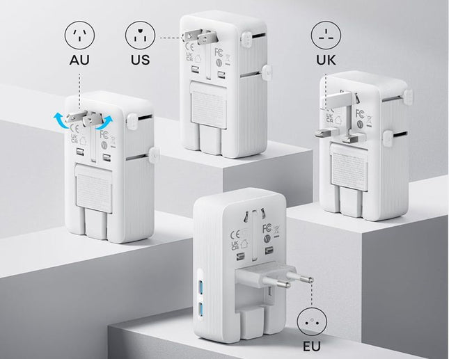 ANKER Nano 20W putni zidni punjač 5-portova (2x USB-A, 2x USB-C, utičnica EU na US, UK, AU i EU), bela