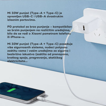 Kucni punjac Xiaomi QC 33W sa USB na Type C kablom beli