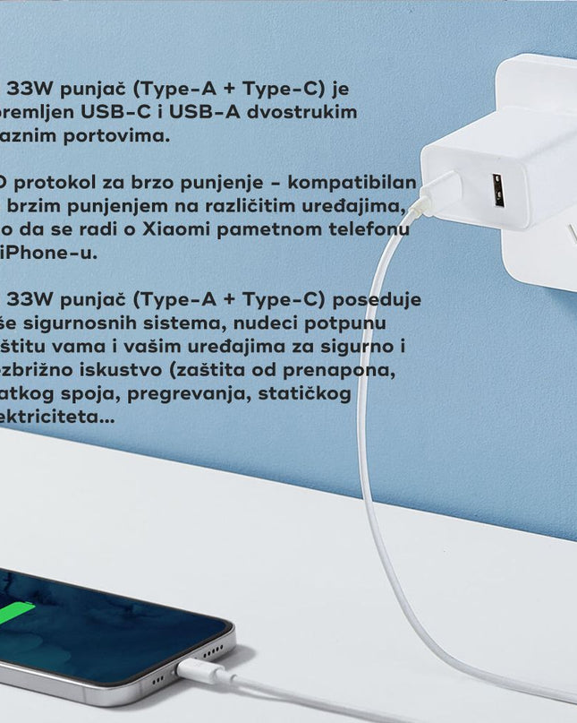 Kucni punjac Xiaomi QC 33W sa USB na Type C kablom beli