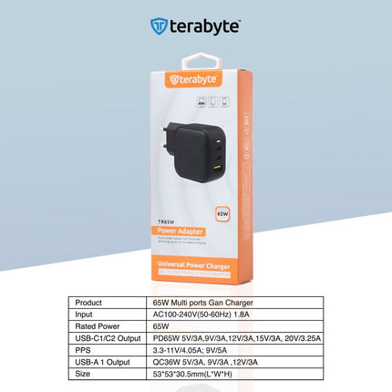 Punjac univerzalni Terabyte TR65W, GaN, PPS, PD 3.0, QC 3.0, 65W CE crna