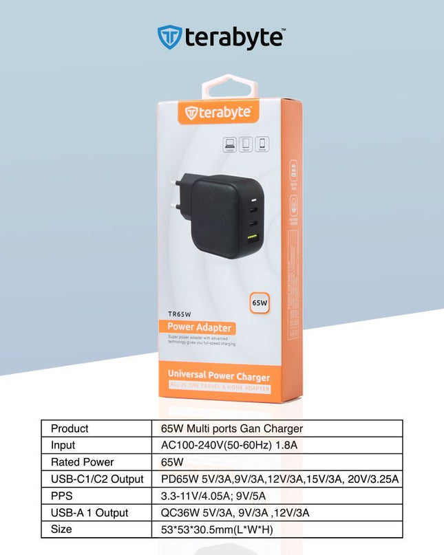 Punjac univerzalni Terabyte TR65W, GaN, PPS, PD 3.0, QC 3.0, 65W CE crna