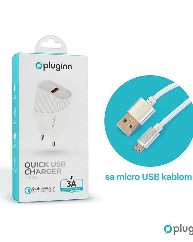 Kucni punjac Pluginn PI-D52S, QC3.0 18W sa micro USB kablom beli CE