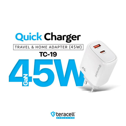 Kucni punjac Teracell Evolution TC-19, GAN, QC, PD Fast charging 45W sa PD iPhone lightning kablom CE bela
