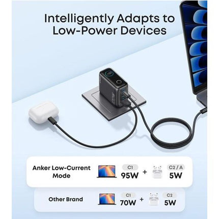 ANKER 100W GaN zidni brzi punjač, 3-porta (2x USB-C i 1x USB-A) sa USB-C M/M pletenim kablom, siva