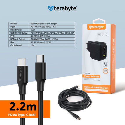Punjac univerzalni Terabyte TR65W, GaN, PPS, PD 3.0, QC 3.0, 65W sa PD Type c kablom CE crna