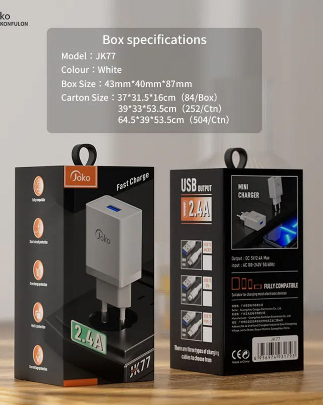 Kucni punjac KONFULON JK77 2.4A sa iPhone lightning kablom beli 1m