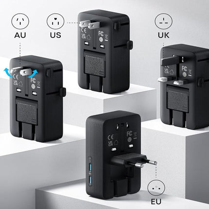 ANKER Nano 20W putni zidni punjač 5-portova (2x USB-A, 2x USB-C, utičnica EU na US, UK, AU i EU), crna